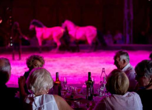 chevaux sur la scène et personnes dinant pendant le cabaret du Haras d'Hennebont