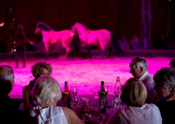 chevaux sur la scène et personnes dinant pendant le cabaret du Haras d'Hennebont