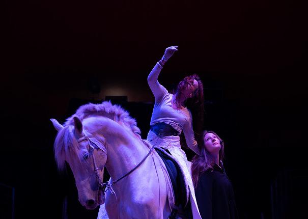 Récital équestre avec deux artistes et un cheval sur la piste